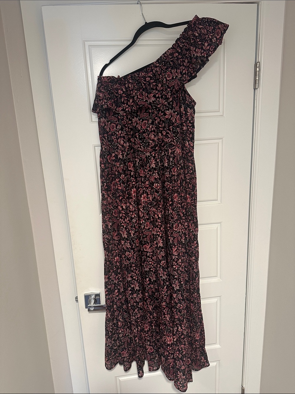 Free People One-Shoulder Floral Maxi Dress in Black and Pink